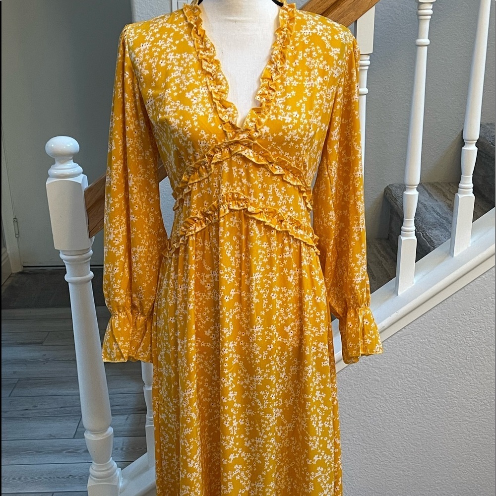 Boho Yellow Floral Long Sleeve MIDI Dress Sz.Large - Picture 4 of 8
